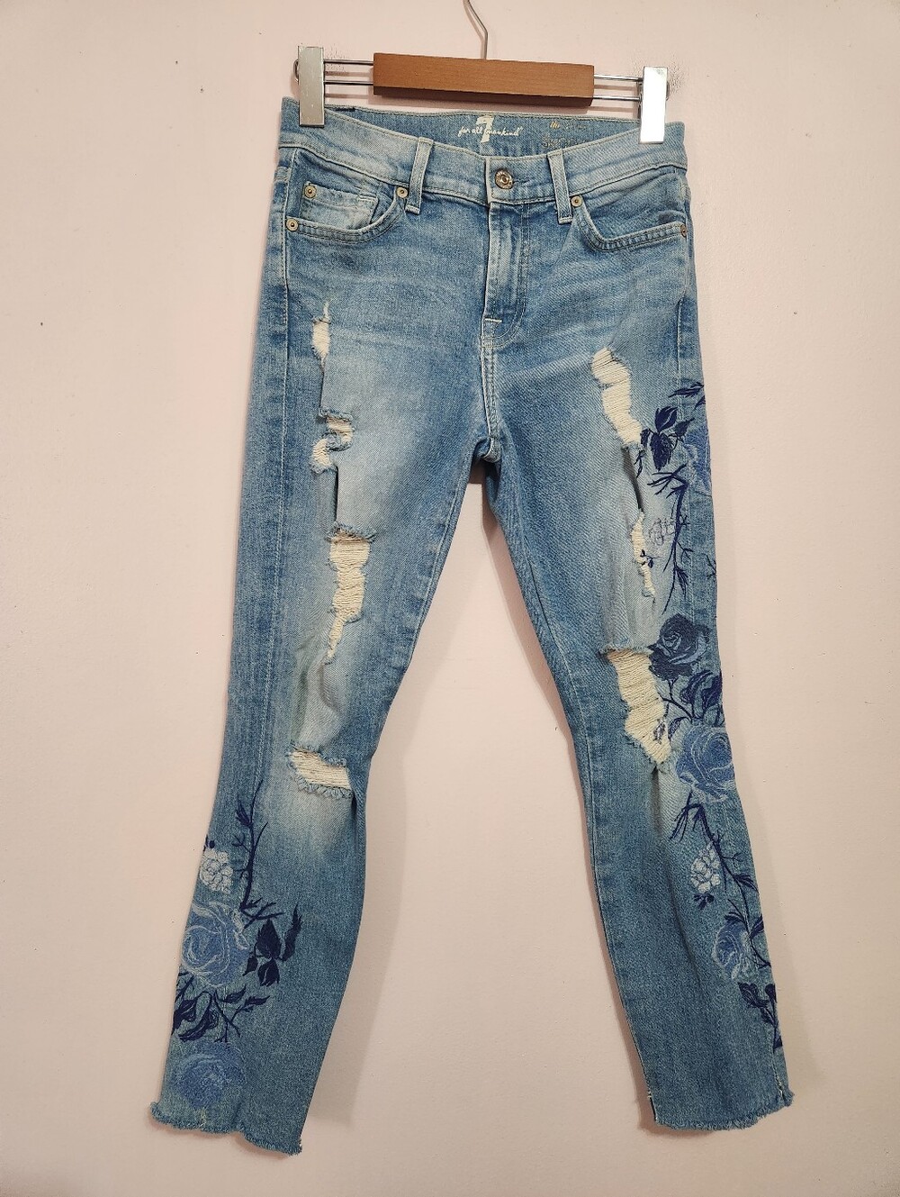 7 For All Mankind Embroidered Floral Rose Skinny Jeans Boho Y2K Festival 25